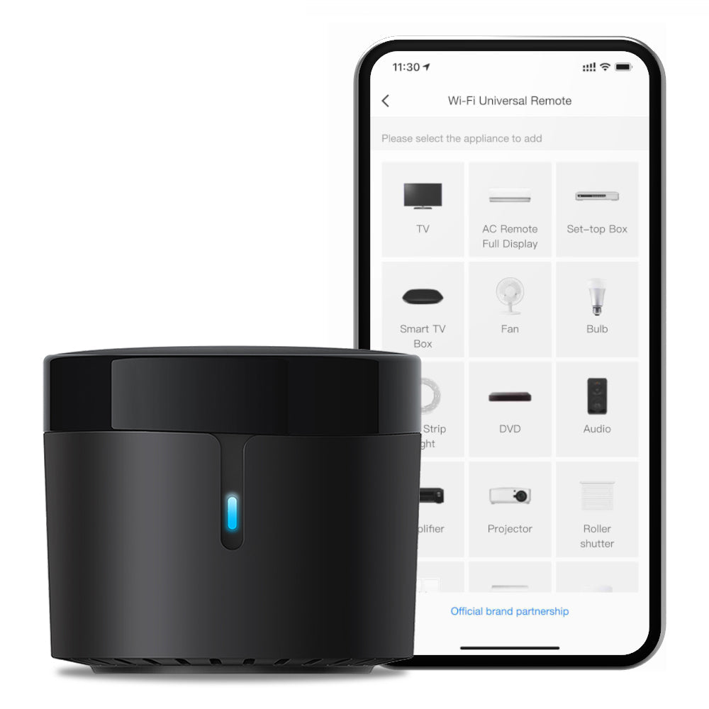 Broadlink RM4 Mini WiFi IR blaster — small black puck universal remote hub