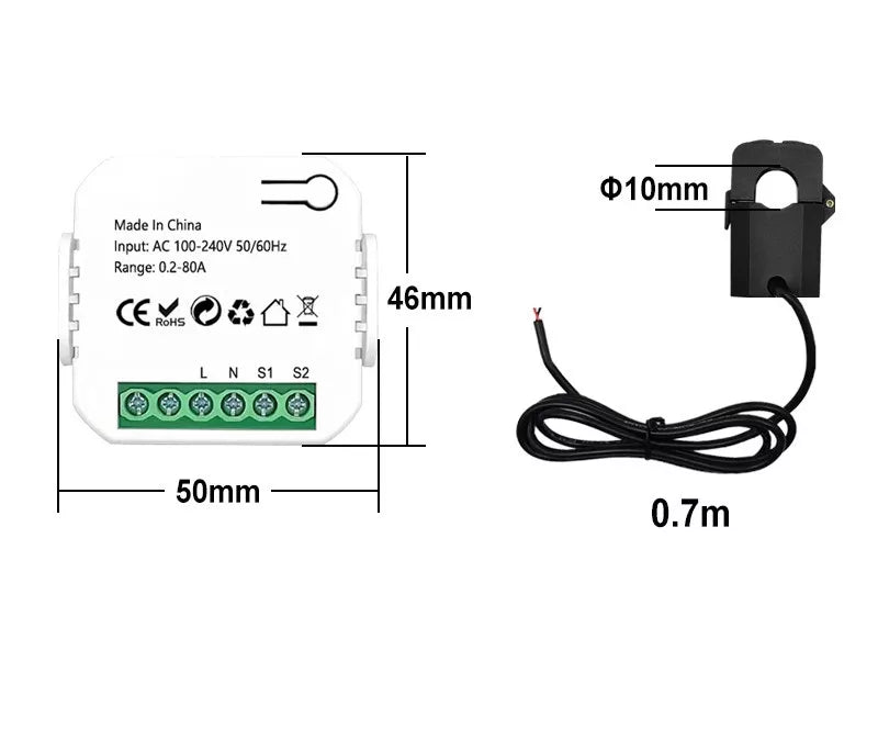 Tuya PJ-MGW1203 energy monitor installed on mains cable