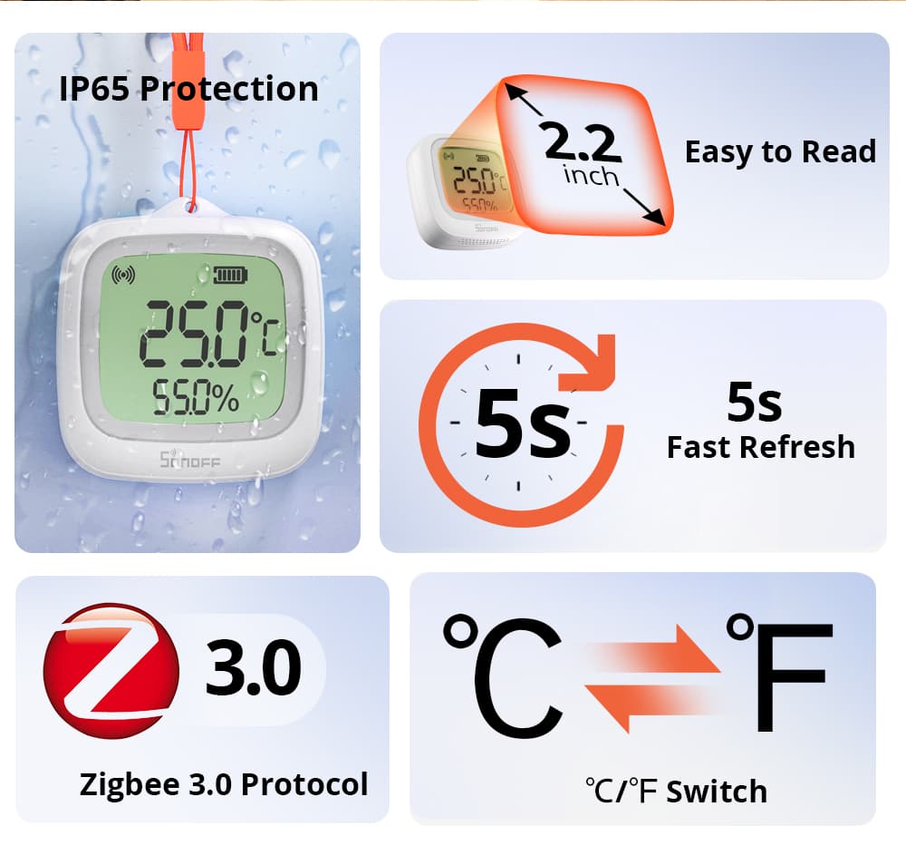 SNZB-02WD mounted outdoors showing LCD temperature reading