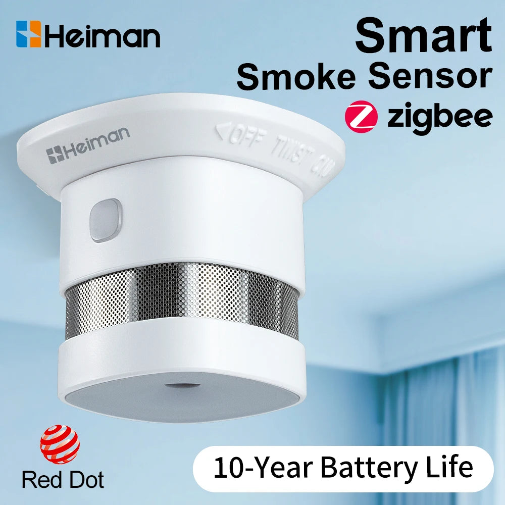 Heiman HS1SA-E Zigbee smoke detector mounted on ceiling — single unit